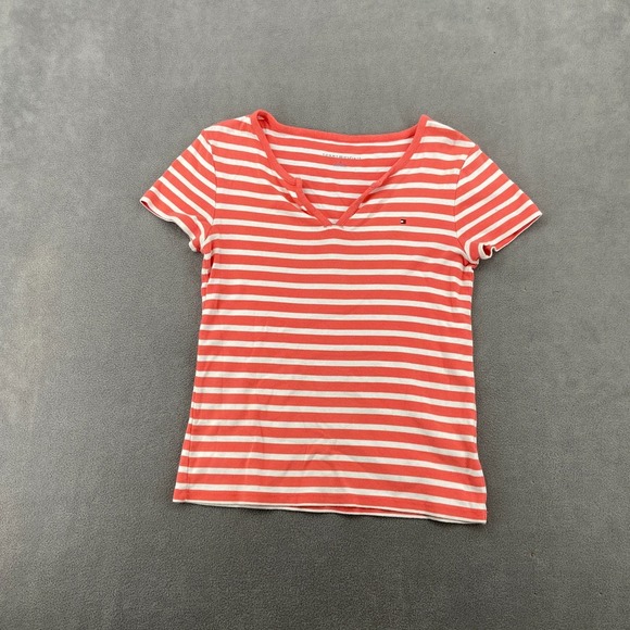 Tommy Hilfiger Tops - Tommy Hilfiger‎ T Shirt Womens Medium Red White Striped Logo Split Neck Cotton